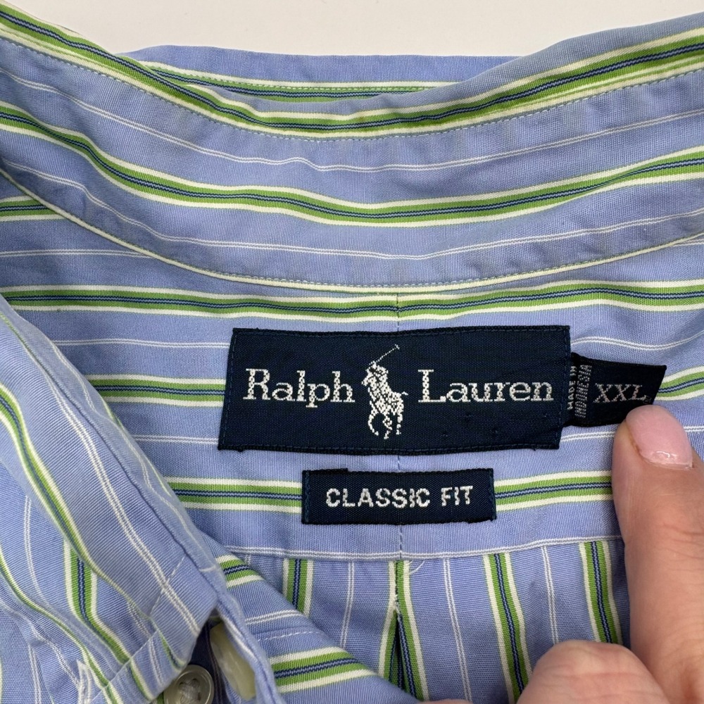 Polo Ralph Lauren Button Down Shirt XXL Blue Green Striped Short Sleeve Classic - Picture 2 of 6